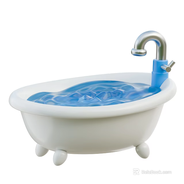 White Bathtub with Blue Faucet and Water Inside on Small Wheels at the Bottom 3d model 