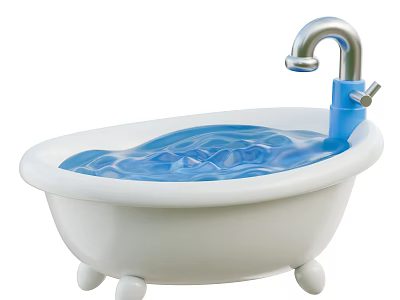 White Bathtub with Blue Faucet and Water Inside on Small Wheels at the Bottom 3d model