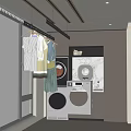 Modern Clothes Hanger with Hanging Garments Washing Machine Dryer and Cabinets in Interior