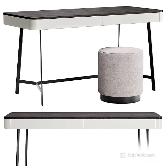 Modern Dressing Table With White Top Black Metal Legs And Round Beige Stool 3d model 