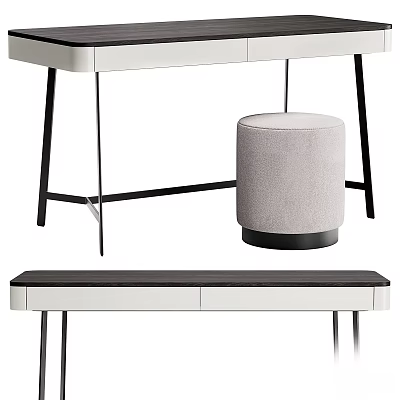 Modern Dressing Table With White Top Black Metal Legs And Round Beige Stool 3d model