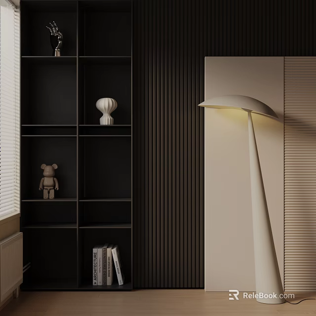 Modern Interior With Beige Floor Lamp Black Bookshelf White Decor And Dark Vertical Striped Wall 3d model 