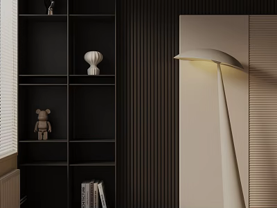 Modern Interior With Beige Floor Lamp Black Bookshelf White Decor And Dark Vertical Striped Wall 3d model