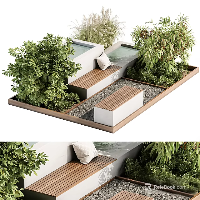 Modern Road Facilities With Wooden Benches Lush Plants And Water Elements 3d model 