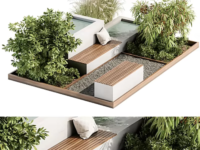 Modern Road Facilities With Wooden Benches Lush Plants And Water Elements 3d model