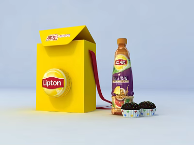 Lipton Bottled Lemon Iced Tea Beverage In Yellow Packaging With Small Cups 3d model