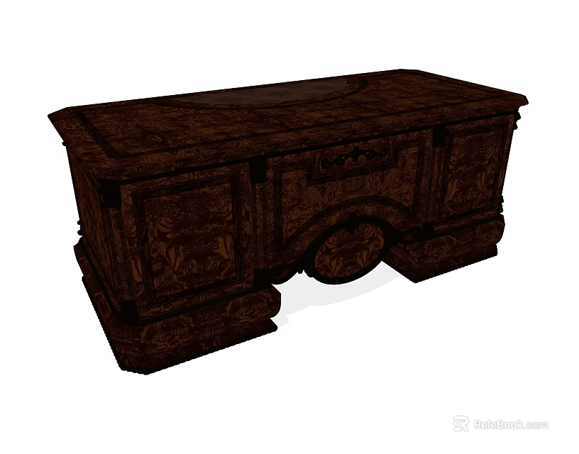 Vintage Dark Wooden Desk With Intricate Carved Details And Drawers 3d model 