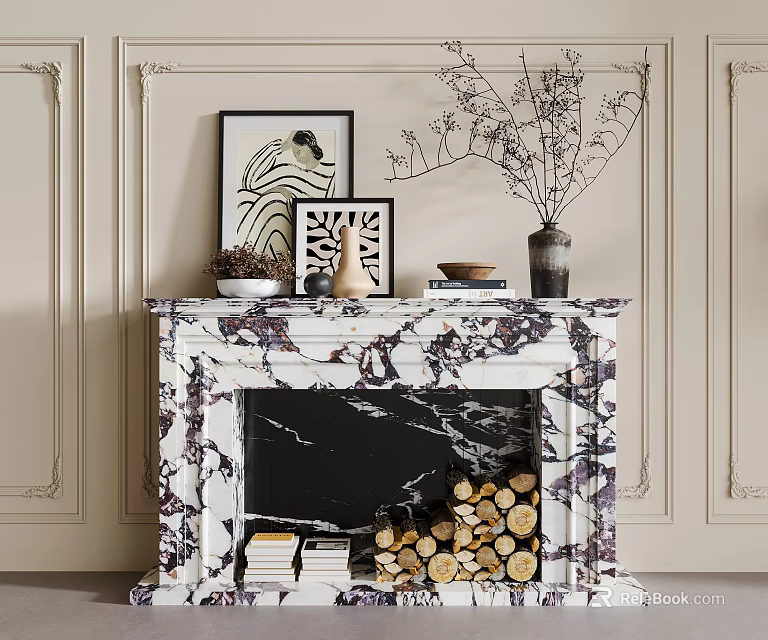Marble Fireplace With Decor And Stacked Firewood 3d model