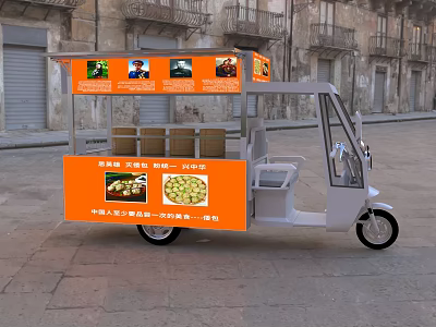 Orange Tricycle Food Cart With Advertisement Banner Selling Snacks On Old Building Street 3d model