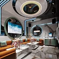 Modern KTV Room Interior Design With Large Screens Orange Sofas And Circular Decor