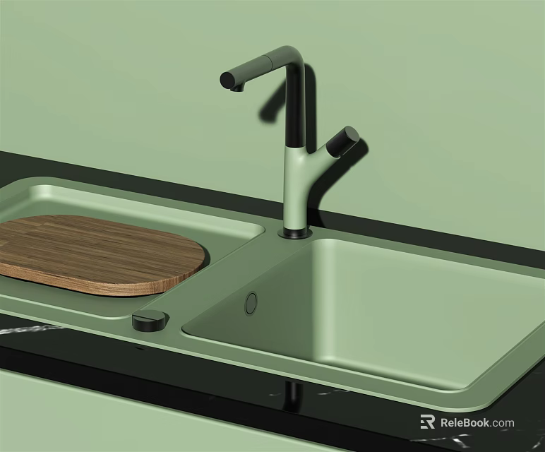 Light Green Kitchen Sink Featuring Modern Faucet And Wooden Cutting Board In Contemporary Kitchen Design 3d model 