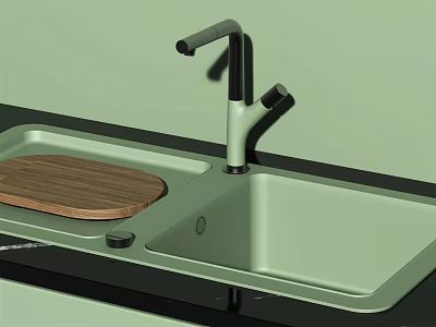 Light Green Kitchen Sink Featuring Modern Faucet And Wooden Cutting Board In Contemporary Kitchen Design 3d model