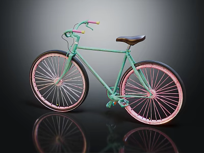 Vintage Style Bicycle With Green Frame Pink Wheels And Black Seat 3d model