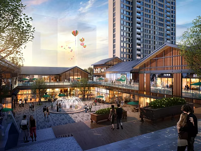 Vibrant Commercial Street with Modern Architecture Fountain Pedestrians and Hot Air Balloons at Sunset 3d model