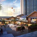 Vibrant Commercial Street with Modern Architecture Fountain Pedestrians and Hot Air Balloons at Sunset