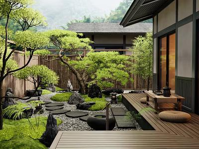 Japanese Garden Landscape With Wooden Deck Pebble Path Green Plants Stone Lanterns And Traditional House 3d model