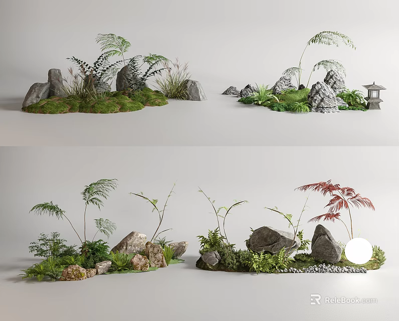 Lush Plant Combination With Stones Ferns Bamboo And Red Foliage Accents 3d model 