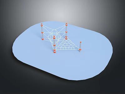 Scenic Landscape With Blue Irregular Surface And Red Pillar White Grid Structure 3d model