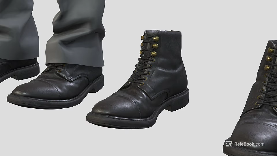 Black Leather Ankle Boots With Lace Up Design And Brass Eyelets Thick Sole 3d model 