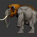 3D Mammoth Sculpture Model With Shaggy Fur And Long White Tusks On Dark Surface