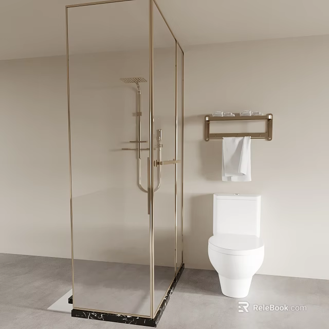 Hotel Bathroom Interior With Glass Shower Enclosure Toilet And Wall Mounted Towel Rack 3d model 