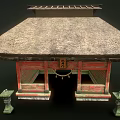 Traditional Japanese Shrine Building With Thatched Roof Red Wooden Structure And Stone Lanterns
