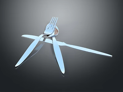 Modern Stainless Steel Cutlery Set with Fork and Knives in Crossed Arrangement on Black Background 3d model