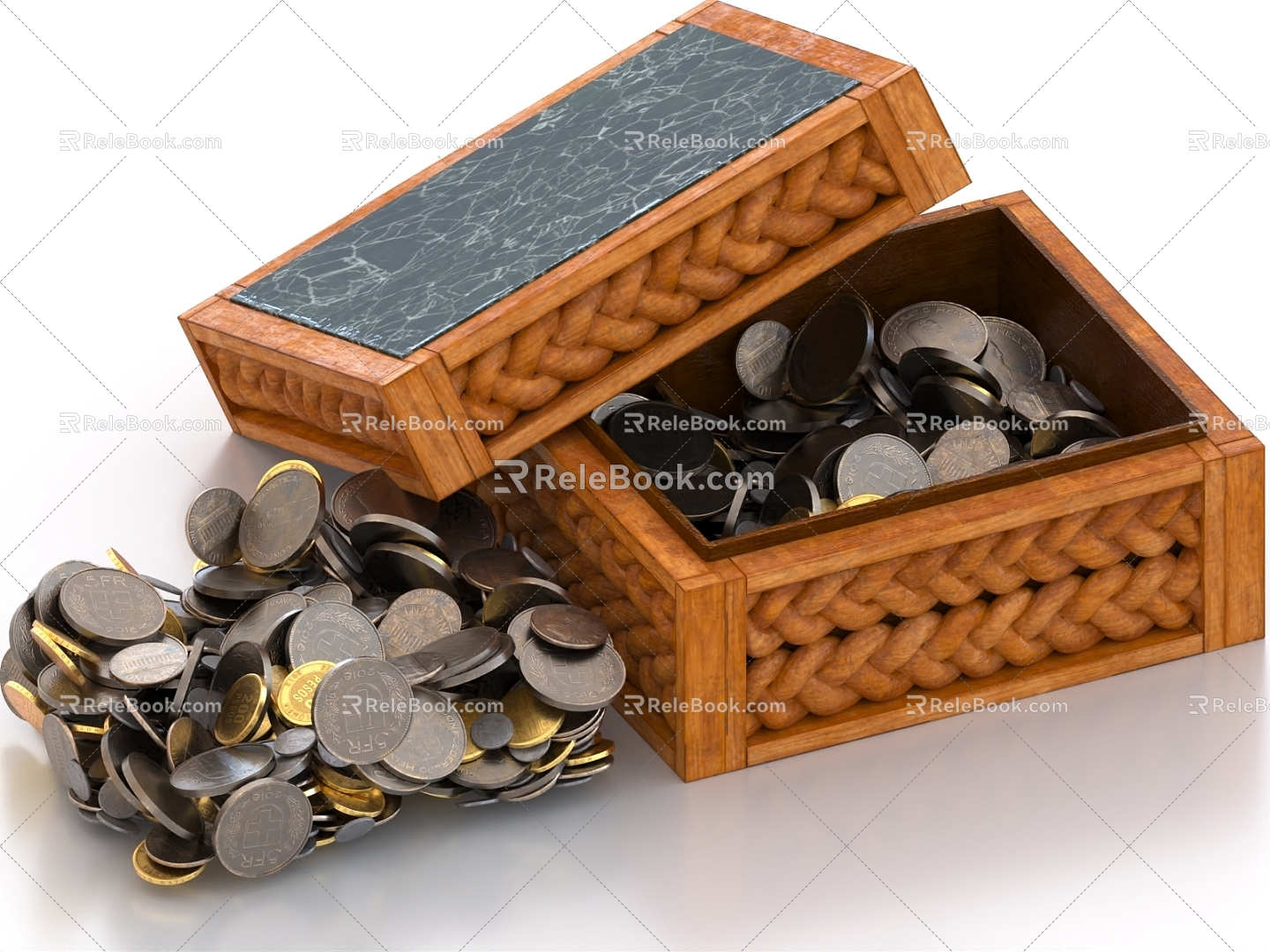 Coins Gold Coins Silver Coins Copper Coins Wooden Chest Treasure Box 3d model