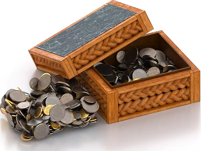Decorative Ornament Set With Open Wooden Box Braided Texture And Scattered Coins 3d model