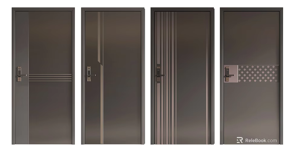 Modern Security Doors With Four Different Styles Handles And Decorative Lines 3d model 