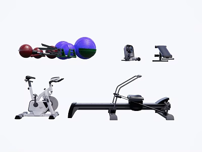 Essential Sports Equipment Including Fitness Balls Dumbbells Exercise Bike And Rowing Machine 3d model