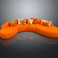 Modern Orange Curved Sofa With Patterned Decorative Pillows And Stylish Design 3d model