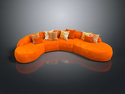 Modern Orange Curved Sofa With Patterned Decorative Pillows And Stylish Design 3d model