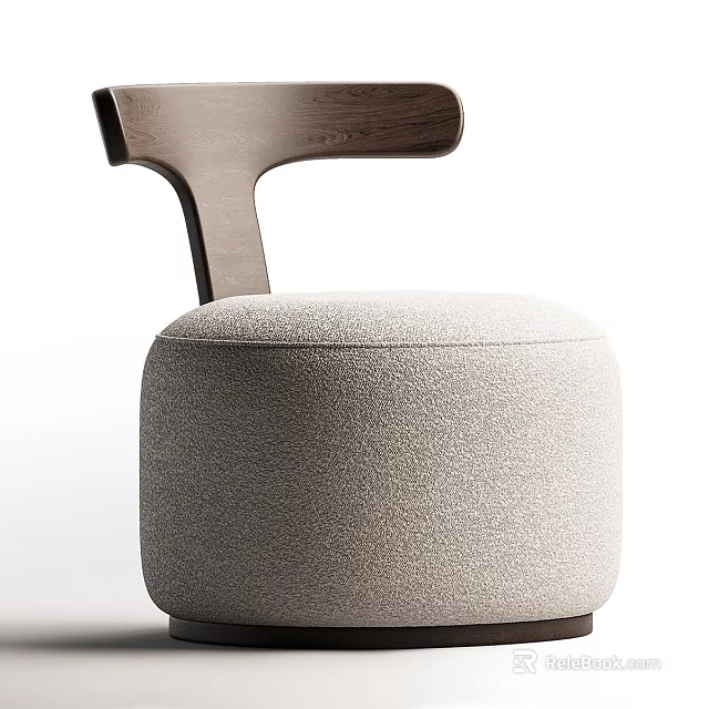 Modern Minimalist Leisure Chair With Light Gray Fabric Round Padded Seat And Wooden Backrest 3d model 