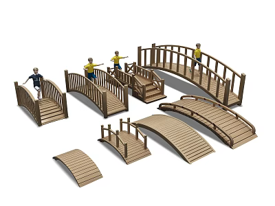 Wooden Bridges With Various Designs And People Figures On White Background 3d model
