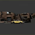 Yellow Convertible Car Parked On Street With Red Brick Building And Stairs