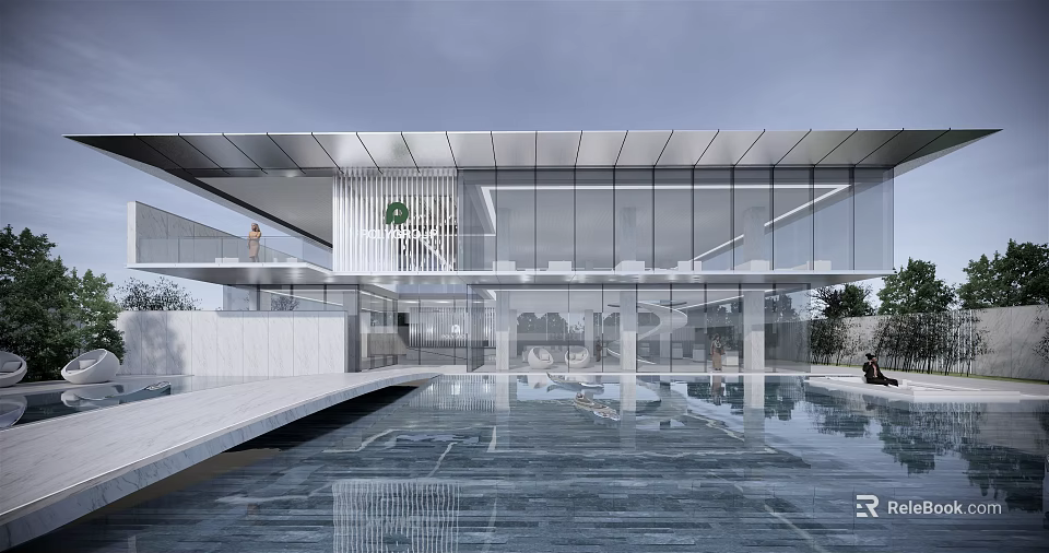 Modern Sales Office Building With Glass Curtain Wall And Pool Water Reflection Greenery 3d model 