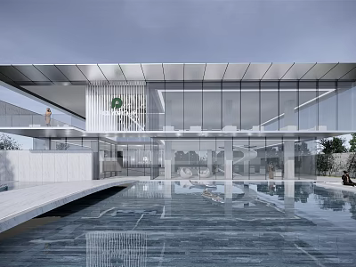 Modern Sales Office Building With Glass Curtain Wall And Pool Water Reflection Greenery 3d model