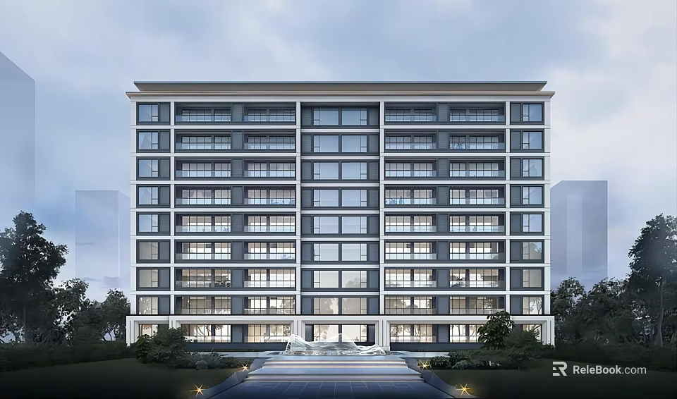 Modern Residential Building Exterior With Glass Facade And Landscaped Entrance Area 3d model 