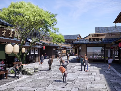Traditional Commercial Street With Stone Pavement Red Lanterns Trees And Pedestrians 3d model