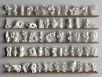 Various White Stone Sculptures Arranged on Wooden Shelves in Neat Rows 3d model