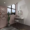 Modern Dressing Table With Round Mirror Pink Lamp And Geometric Pattern Wall 3d model