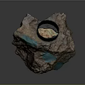 Garden Landscape With Natural Rock Featuring Turquoise Spots And Black Object On Surface