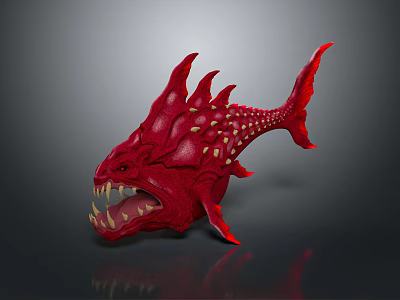 Red Spiky Fish Like Creature With Sharp Teeth And Yellow Spots On Body 3d model