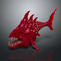 Red Spiky Fish Like Creature With Sharp Teeth And Yellow Spots On Body