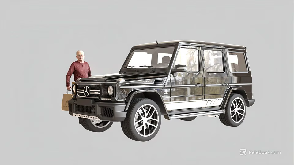 Black Mercedes G Class SUV With Elderly Man Carrying Shopping Bag 3d model 