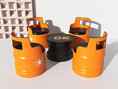 Modern Orange Barrel Chairs with Black Round Table OK Design and Star Logo 3d model