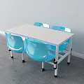 Rectangular White Dining Table With Four Blue Plastic Chairs And Metal Legs 3d model