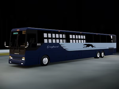 Greyhound Blue Long Distance Bus With Large Windows White Stripe And Panther Graphic 3d model