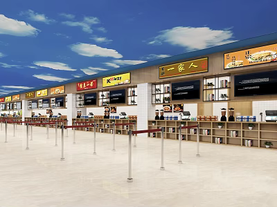 Food Court Interior With Multiple Restaurant Stalls Signboards Queuing Barriers And Blue Sky Ceiling 3d model